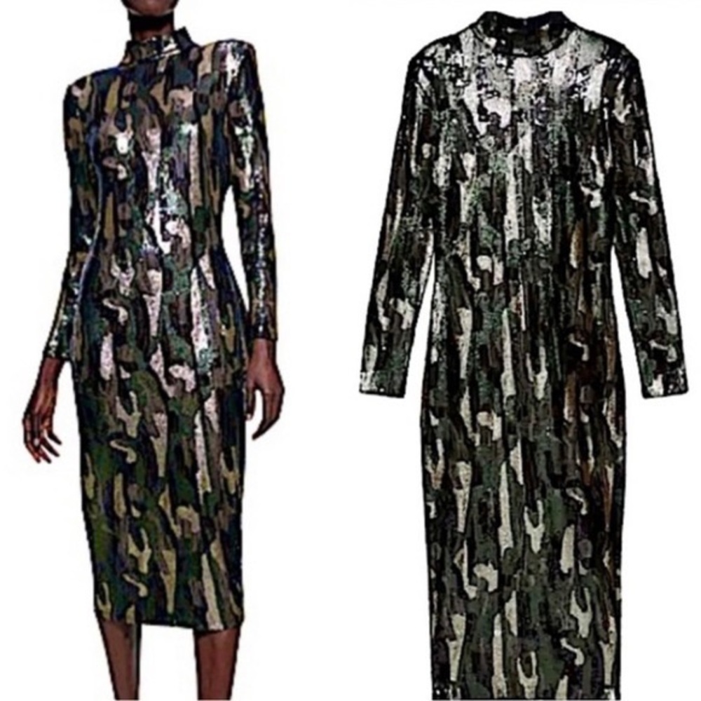 NWT Zara Sequins Camo Long Sleeve Midi Dress sz L